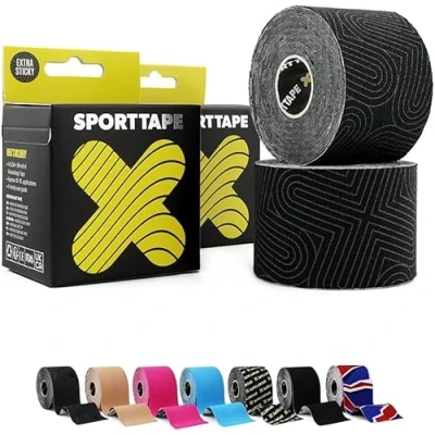 Abbildung von 2 Rollen SPORTTAPE Extra Klebriges Kinesiologie Tape, 5 cm x m Schwarz Hypoallergenes, Wasserfestes Sports Tape Physio Medizinisches Sport bei Muskelverletzungen, Unterstützung