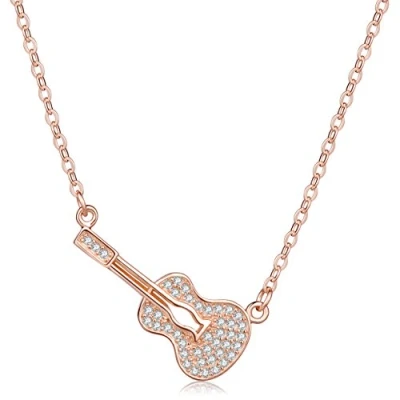 Abbildung von Yumilok Damen Halskette mit Zirkonia Gitarre Anhänger Mädchen Kette Roségold aus 925 Sterling Silber Gitarrenkette für Frauen