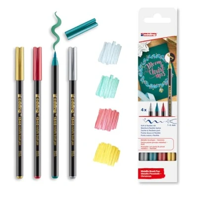 Abbildung von edding 1340 Metallic Pinselstift Weihnachtsset 4 Stifte flexible Pinselfeder 1 6mm Marker zum Beschriften, Zeichnen und Skizzieren hohe Deckkraft auch auf dunklem Papier