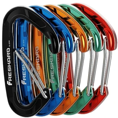 Abbildung von FresKaro Karabiner Haken Karabinerhaken 15kN, Robust, Klein, Stabil, Schlüsselanhänger, Zubehör, Federschnapper, 5Stück Regenbogen