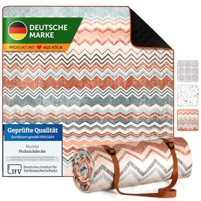 Abbildung von Blumtal Premium Picknickdecke wasserabweisend 200x200 cm Boho &amp; Terrazzo Design waschbare Stranddecke gepolstert + weiche Zwischenfüllung Outdoor Decke aus Oxford Gewebe Zickzack