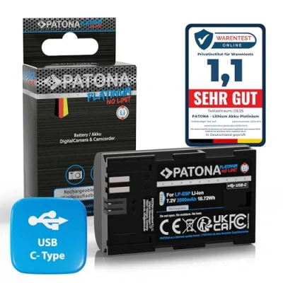 Abbildung von PATONA Platinum LP E6P E6NH USB Akku (2600 mAh / 4A) mit direkt Eingang (USB c) Artikel 1361 Kompatibel R5 II usw.