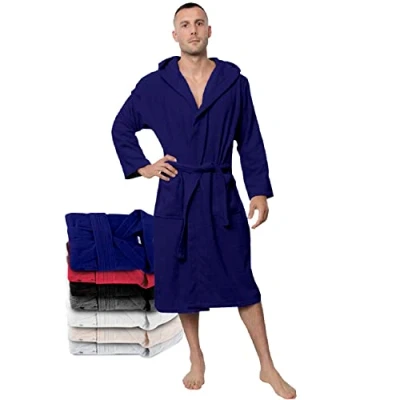 Abbildung von Twinzen Bademantel Herren XL DarkBlau 100% Baumwolle (350g/m²) OEKO TEX® Zertifiziert mit Kapuze, 2 Taschen, Gürtel