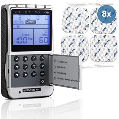 Abbildung von TENS EMS 4 Kanal Kombigerät STIM PRO X9+ und 8 Stk 5x5 cm Elektroden Pads, Schmerztherapie, Muskelaufbau Massage für Bauch, Rücken, Nacken, Schulter usw. Zertifiziertes Medizinprodukt axion