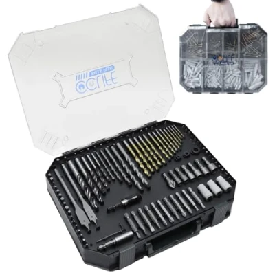 Abbildung von CCLIFE Bohrer Set Gemischt 400tlg für Holz, Metall, Stein, Kunststoff, Ziegel, Schraubendreher PH PZ SL Torx, enthält HSS Spiralbohrer, Flachfräsbohrer, Betonbohrer und Schrauben