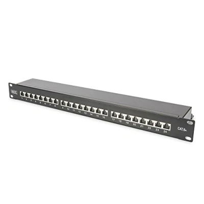 Abbildung von DIGITUS Patchpanel 19 Zoll Cat 6A 24 Port RJ45 Geschirmt LSA Patch Feld Rack Montage 1HE Schwarz