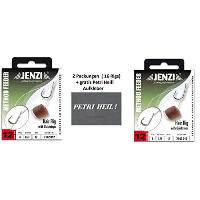 Abbildung von Set: 2 Packung (16 Rigs) Method Feeder Hair Rig von Jenzi mit Gummi Band/Quick Stop, Hakengröße 8, 10, 12 Länge cm +gratis Petri Heil! Aufkleber (Quickstop 12)