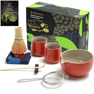 Abbildung von TEANAGOO Matcha Set Schneebesen Schale mit Ausgießer Schaufel Halter Teezubereitungsset. 1 Japanische Tee (7pcs) + 2Cups(7.2oz),S19,Rot,Farbe Box