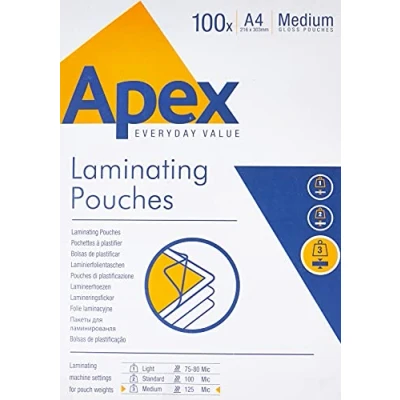 Abbildung von Fellowes Laminierfolien A4 APEX Glänzendes Finish Heißlaminierfolien Medium Duty (ca. 125 mic pro Seite) für Anwendungen wie Aushänge, Zertifikate, Speisekarten 100 Stück