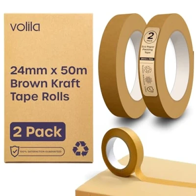 Abbildung von volila Papierklebeband 2er Pack Braune Paketklebeband Papier Kraftpapier Klebeband für Umzugskartons, Rahmenband und Verpackungspakete Recycelbares Band mit starker Klebkraft (24mm x 50m)