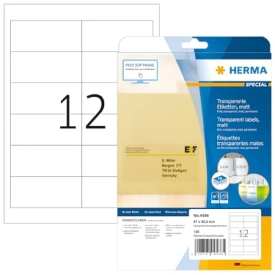 Abbildung von HERMA 4586 Wetterfeste Folienetiketten transparent, 10 Blatt, 97 x 42,3 mm, 12 pro A4 Bogen, 120 Stück, selbstklebend, bedruckbar, matt, blanko Klebeetiketten Aufkleber aus Folie, durchsichtig