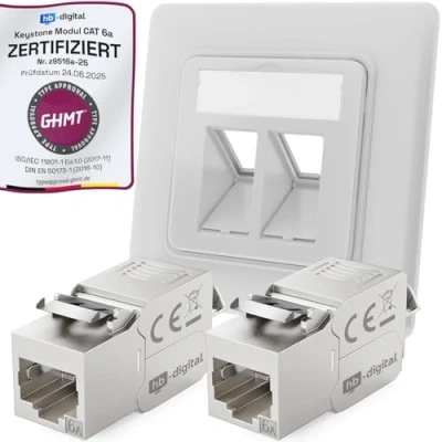 Abbildung von hb digital CAT 6a Netzwerkdose unterputz 2 Port RAL9003 signalweiß + 2X Keystone RJ45 Modul LAN Ethernet Dose Buchse Einbaubuchse für 5e 6 500MHz 10 Gbit/s STP
