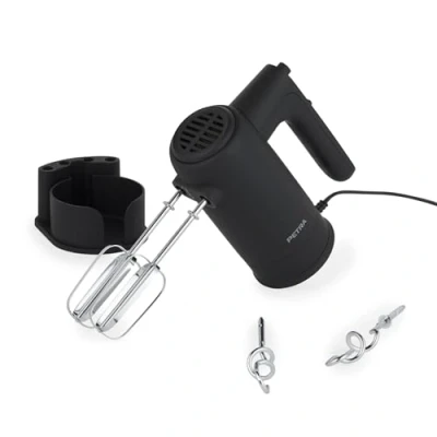 Abbildung von Petra PT5613BMBLKVDE Handmixer Handrührer Elektrischer Küchenmixer zum Kneten/Schlagen, Schneebesen/Knethaken inklusive, 5 Geschwindigkeiten Mixer, Aufbewahrungsbasis, Handrührgerät, 300 W, Schwarz