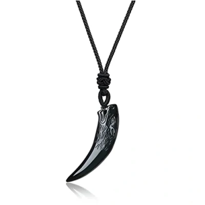 Abbildung von COAI Geschenkideen Glückskette aus Obsidian Wolf Gravur Wolfszahn Anhänger halsketten für Herren