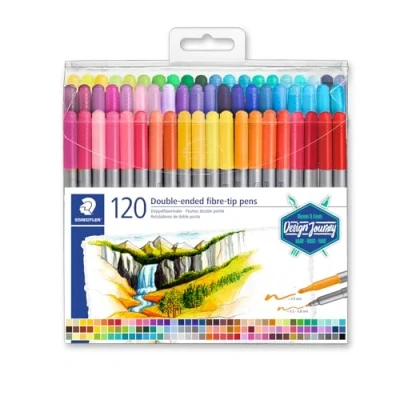 Abbildung von STAEDTLER Doppelfasermaler, zwei Spitzen für schmale und breite Linien, Klarfaltetui mit 120 leuchtenden Farben, 3200 TB120