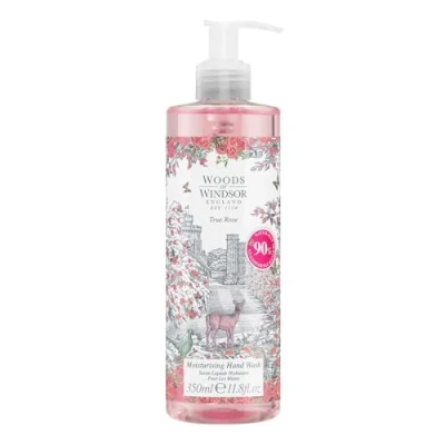 Abbildung von Woods of Windsor Rose Hand Wash, Feuchtigkeitsspendende Seife mit Noten von Otto und Damaszener Rose, Flüssige Handseife Pumpe zum Erweichen Befeuchten der Haut, Echter Rosenduft, 350 ml