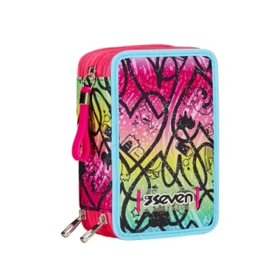 Abbildung von Seven Federmäppchen mit 3 Fächern, Rosa, Fächer, komplett Bleistiften, Filzstiften, Farben, Zubehör Rucksack, Grundschule, Mittel, Oben, Mädchen und Mädchen, Taglia Unica, schulisch