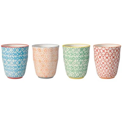Abbildung von Bloomingville Becher ohne Henkel Carla Express Retro Teetasse Kaffeebecher Vintage Latte Macchiato Set Ø 8,5 x H 10 cm, blau grün rot orange, Keramik, 4er Set, fasst ca. 300 ml