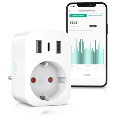Abbildung von CSL WLAN Steckdose mit USB Smart life Strommessung Ladegerät WiFi Fernsteuerung per App Sprachsteuerung Alexa Google Home Energiekostenmessgerät Stromverbrauch