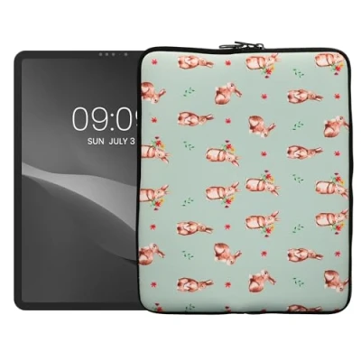 Abbildung von kwmobile Tablet Hülle kompatibel mit 13&quot; Universal Neopren Tasche Cover Case Schutzhülle Sleeve in Weiß Braun Graugrün Hasen und Blumen
