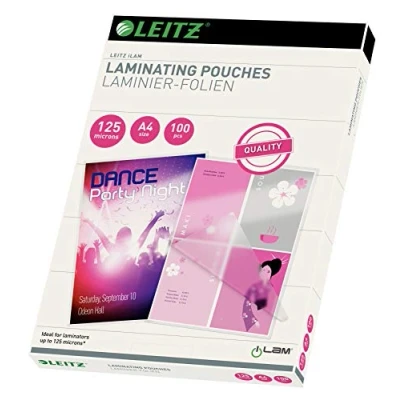 Abbildung von Leitz Heißlaminierfolien A4 125 mic, Hochwertige Laminierfolien im 100er Pack, mit abgerundeten Ecken, transparent, glänzend, für den Einsatz zu Hause oder Büro, 33808