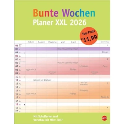 Abbildung von Bunte Wochen Planer XXL 2026: Praktischer Kalender 8 Spalten bieten Platz für Termine und Organisatorisches. Komplett mit Schulferien ... Großes Format 34 x 44 cm (Bürokalender Heye)