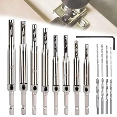 Abbildung von Scharnierbohrer Selbstzentrierende HSS Bohrer 17 PCS Lochsäge Werkzeug Set Zentrierbohrer Lochbohr Satz für Tür Fenster Schrank Schublade Holzbearbeitung Möbel Küchen Fenstertürscharniere Griffe
