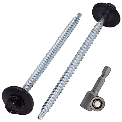 Abbildung von SKIR&#039;CO (100 Stück) lackierte Dachschrauben 4,8 x 100 mm, Sechskantkopf, selbstbohrende Schrauben mit EPDM Unterlegscheiben (Tiefschwarz, RAL 9005)