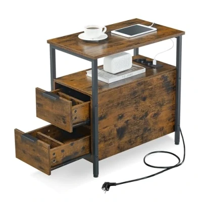 Abbildung von VASAGLE Beistelltisch, Nachttisch mit Steckdosenleiste, 2 Schubladen, Sofatisch, Nachtschrank für Wohnzimmer, Schlafzimmer, vintagebraun tintenschwarz LET325B01