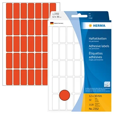 Abbildung von HERMA 2352 Vielzweck Etiketten, 1120 Stück, 12 x 30 mm, 35 pro Bogen, selbstklebend, Haushaltsetiketten zum Beschriften, matt, blanko Papier Klebeetiketten Aufkleber, rot