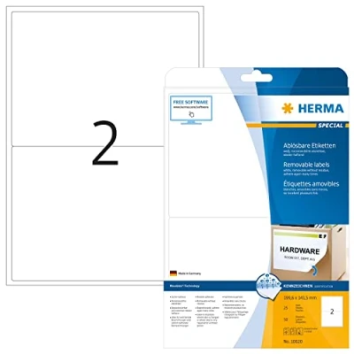 Abbildung von HERMA 10020 Universal Etiketten ablösbar, 25 Blatt, 199,6 x 143,5 mm, 2 pro A4 Bogen, 50 Stück, selbstklebend, bedruckbar, matt, blanko Papier Klebeetiketten Aufkleber, weiß