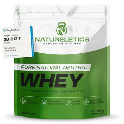 Abbildung von NATURELETICS 1kg 100% reines instantisiertes Premium Whey Protein ohne Süßstoffe und Zuckerzusatz, Eiweißpulver mit sehr hohem BCAA Anteil von 22%, Geschmacksneutral