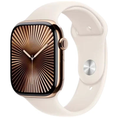 Abbildung von Apple Watch Series 10 (GPS + Cellular 46 mm) Smartwatch mit Titangehäuse in Gold und Sportarmband Polarstern (M/L). Fitnesstracker, EKG App, Always On Retina Display, Wasserschutz