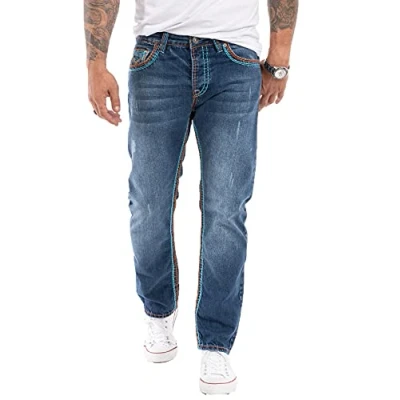 Abbildung von Rock Creek Herren Jeans Hose Comfort Fit Dicke Nähte Herrenjeans Herrenhose Denim Stonewashed Basic Weites Bein Raw RC 2270 Dunkelblau W32 L32