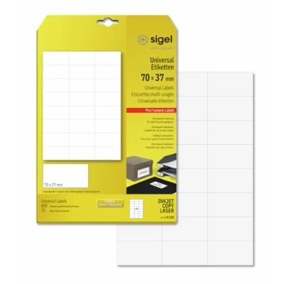 Abbildung von SIGEL LA138 Universal Etiketten selbstklebend, bedruckbar, weiß, 70 x 37 mm, 600 = 25 Blatt