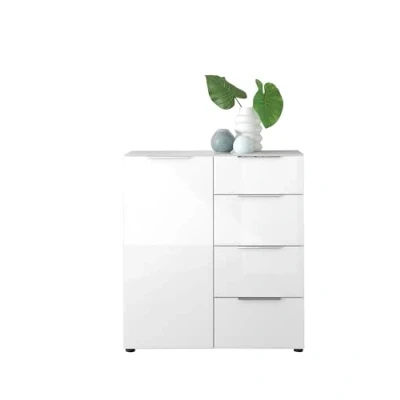Abbildung von Kommode SANTORIN weiß mit Glasfront, Schrank Korpus in Oberboden Glas viel Stauraum und Schubladen für Ihren Wohnbereich 90 x 99 40 cm (B/H/T)