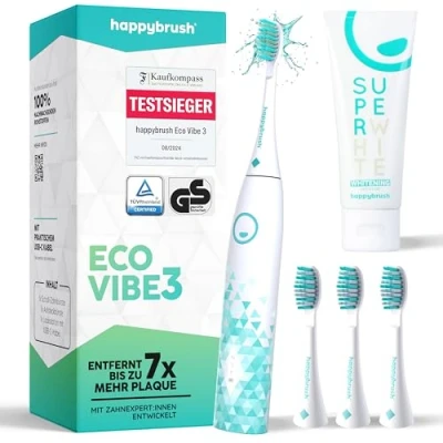 Abbildung von happybrush [Testsieger*] Nachhaltige Elektrische Zahnbürste ECO VIBE 3 Schallzahnbürste mit 6 Wochen Power Akku inkl. Aufsteckbürsten und SuperWhite Zahnpasta White