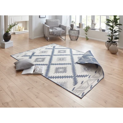 Abbildung von NORTHRUGS in und Outdoor Teppich Malibu 80x150cm Wendeteppich Wetterfest Modern Geometrisches Muster Läufer für Balkon Terrasse Garten Wintergarten Wohnzimmerteppich Wasserfest Blau Creme