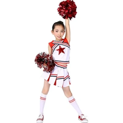 Abbildung von LOLANTA Mädchen Karneval Kostüm, Cheerleader kleid mit Pompoms und Socken, Mittelschule Cheerleading Uniform, Rot, 4 5 Jahre, 110