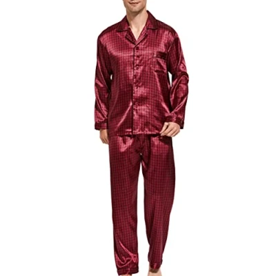 Abbildung von Herren Schlafanzug Pyjama Set Satin Nachtwäsche Langen Ärmel Loungewear (Weinrot/Schwarz, XXL)