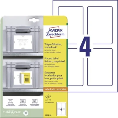 Abbildung von AVERY Zweckform Art. 8001 20 Träger Etiketten (80 Etikettenhalter, 120x80mm, beliebig oft mit allen beklebbar ohne Rückstände, für Regale, Boxen, Behälter in Lager &amp; Logistik) Blatt, weiß