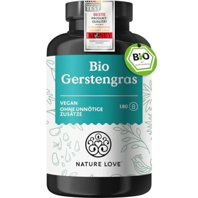 Abbildung von NATURE LOVE® Bio Gerstengras 1500 mg je Tagesdosis aus deutschem Anbau 180 Kapseln Hochdosiert, laborgeprüft, zertifiziert Bio, in Deutschland produziert