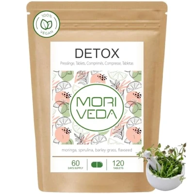 Abbildung von MoriVeda Moringa Detox Tabletten 900mg, 120 Stück, mit Moringa, Leinsamen, Gerstengras und Spirulina zur Entschlackung Entgiftung, vegan glutenfrei Stück