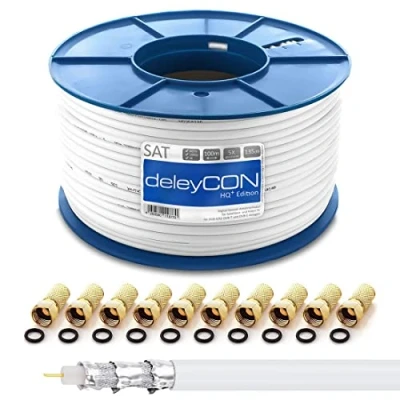 Abbildung von deleyCON HQ+ 100m SAT Koaxial Kabel 135dB 5 Fach geschirmt für DVB S S2 T und C 4K 1080p Full HD HDTV inkl. 10x vergoldete F Stecker