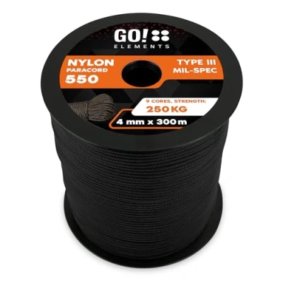 Abbildung von GO!elements 300m Paracord Seil aus reißfester Nylonschnur 4mm 550 Typ III Schnur Allzweckseil &amp; Reepschnur Max. 250kg, Farbe:Schwarz