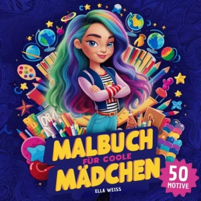 Abbildung von Malbuch für coole Mädchen &amp; Teenager als Geschenk ab 9 Jahren: Beschäftigungsbuch mit 50 bezaubernden Motiven (Portraits, Manga, Muster, Tiere, Pferde, Katze, Hund)
