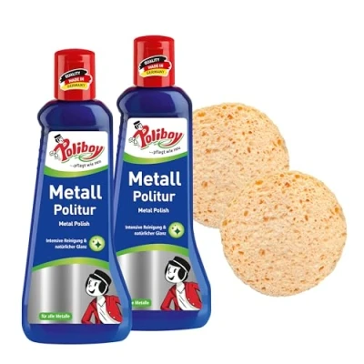 Abbildung von POLIBOY Metall Politur Poliermittel für glänzende Metalle Metallpflegemittel Mit Anlaufschutz 2x 200 ml Schwamm Made in Germany