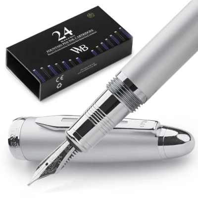 Abbildung von Wordsworth &amp; Black Majesti Füllfederhalter (Silber), luxuriöse Hülle, 24 Karat Gold Finish, mittlere Feder 18 Tintenpatronen, nachfüllbarer Tintenkonverter Kalligraphie Stift