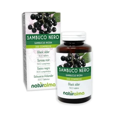 Abbildung von Schwarze Holunder (Sambucus nigra) Blüten und Früchte Naturalma 150 g 300 Tabletten Nahrungsergänzungsmittel Natürlich Vegan