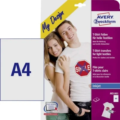 Abbildung von AVERY Zweckform MD1001 5 Textilfolien, T Shirt selbst gestalten, bedrucken (Bügelfolie, helle Textilien, DIN A4, bedruckbare Folie zum Aufbügeln, Transferfolie für Inkjet Drucker)